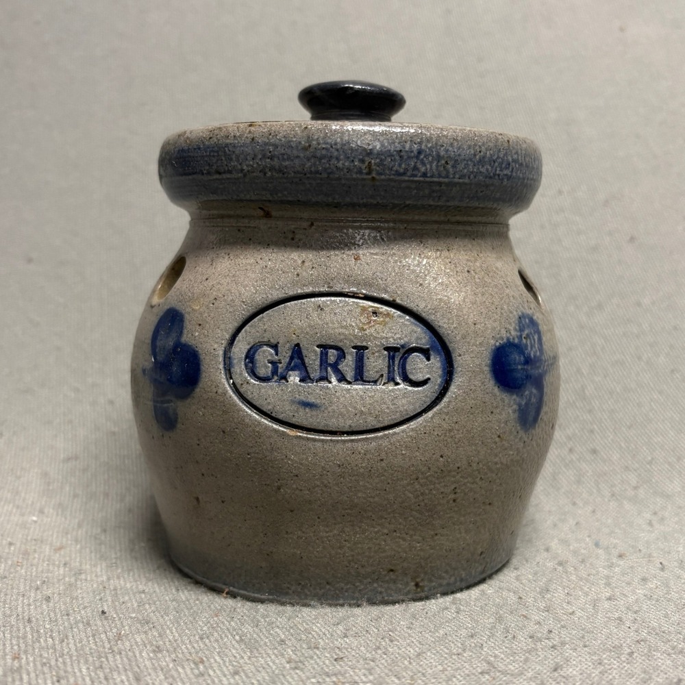 Rowe Pottery Works Garlic Jar Vintage Salt Glaze Stoneware Handmade‎